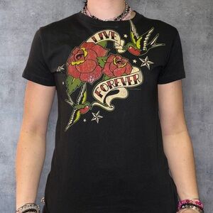 Tultex Black Tee with Red Floral and Bird Design